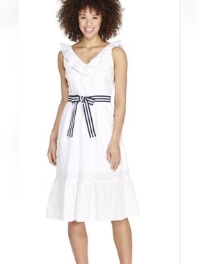Target Vineyard Vines White Ruffle Midi V Neck Tie Waisted Dress Pockets XSmall